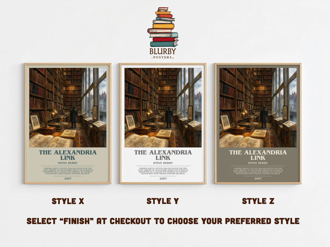 The Alexandria Link bookish print in frame leaning in hallway – thriller wall art (mockup)