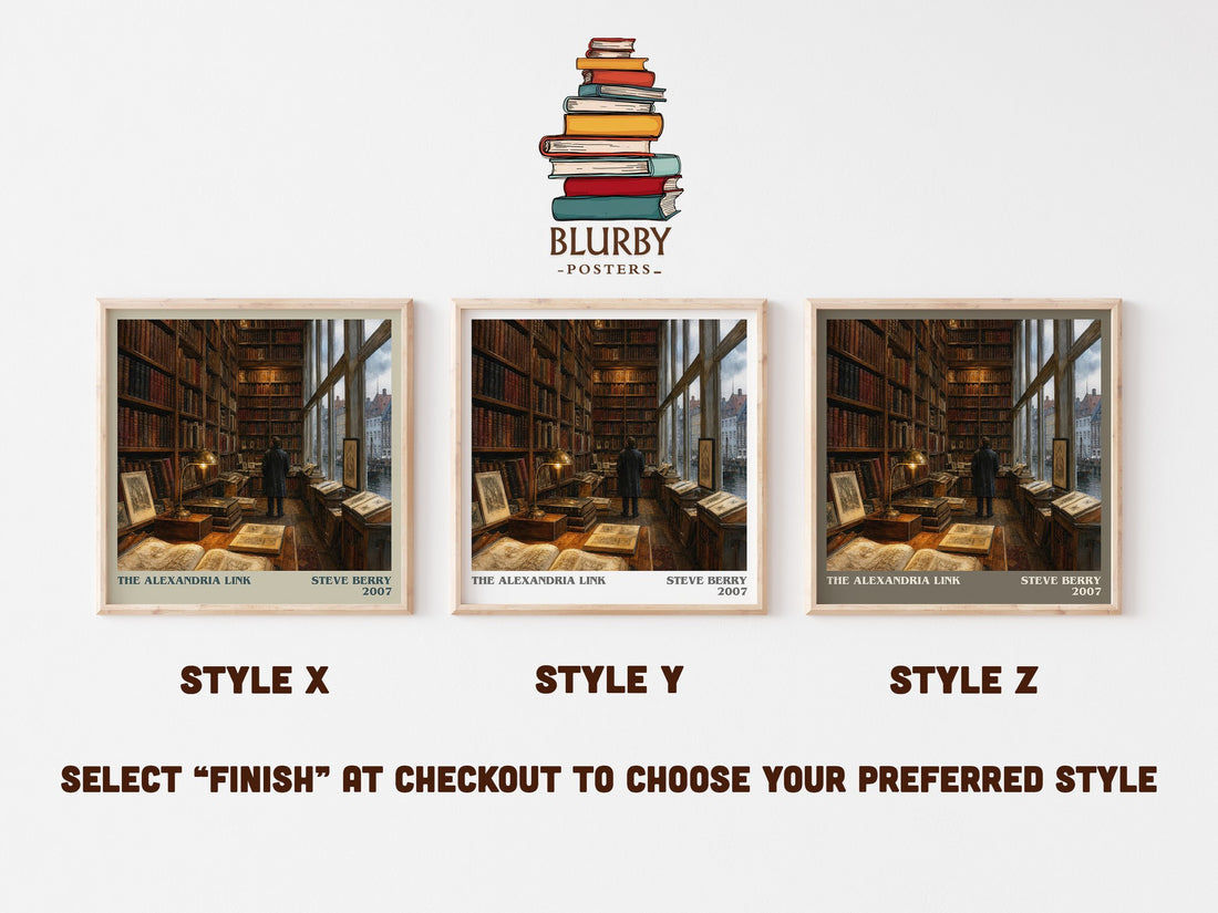The Alexandria Link literary print in frame leaning in hallway – thriller wall art (mockup)