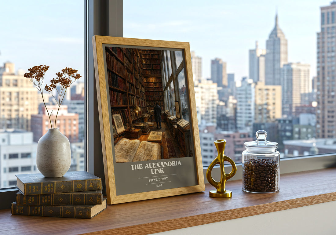 The Alexandria Link book cover print framed by window – literary home decor