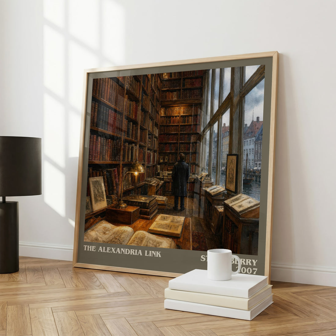 The Alexandria Link literary print framed by window – literary home decor