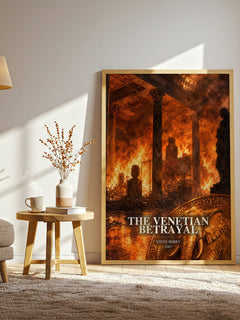 The Venetian Betrayal watercolour print in frame leaning in hallway – thriller wall art