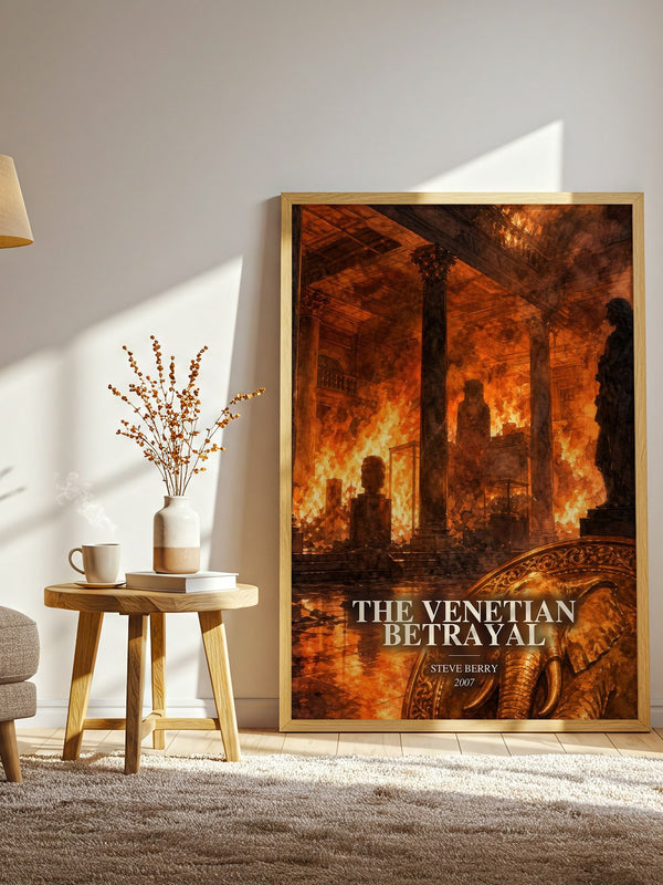 The Venetian Betrayal watercolour print in frame leaning in hallway – thriller wall art