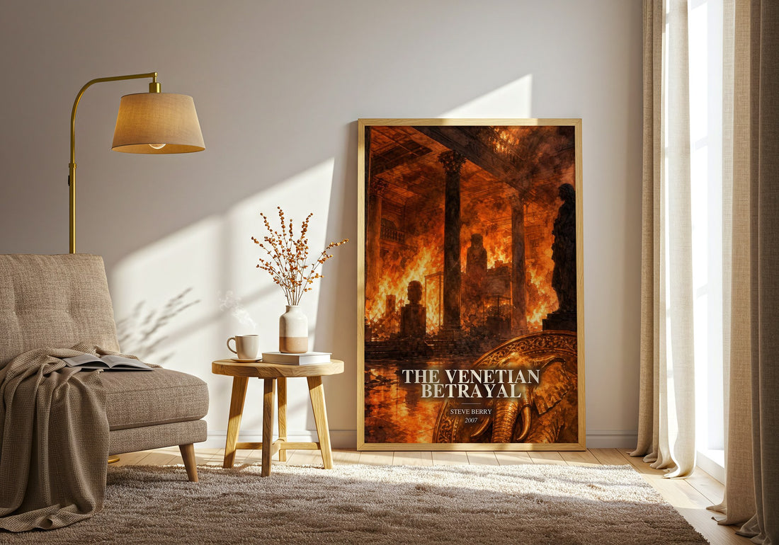 The Venetian Betrayal watercolour print in frame leaning in hallway – thriller wall art (mockup)