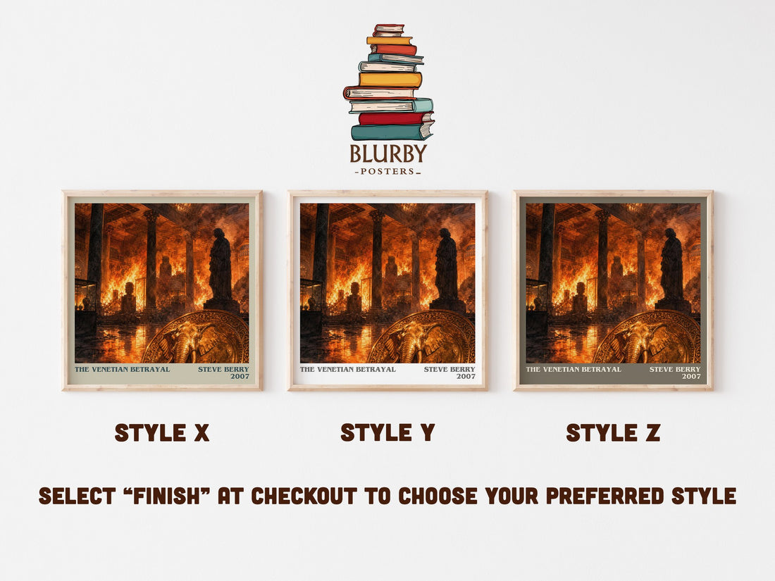 The Venetian Betrayal literary print in frame leaning in hallway – thriller wall art (mockup)