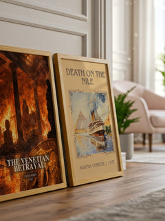 The Venetian Betrayal watercolour print framed by window – literary home decor
