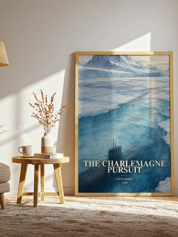 The Charlemagne Pursuit watercolour print in frame leaning in hallway – thriller wall art