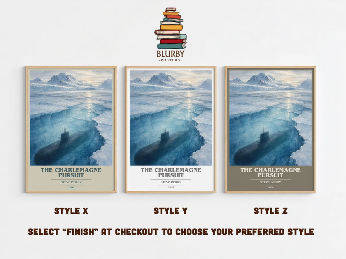 The Charlemagne Pursuit book cover print in frame leaning in hallway – thriller wall art (mockup)