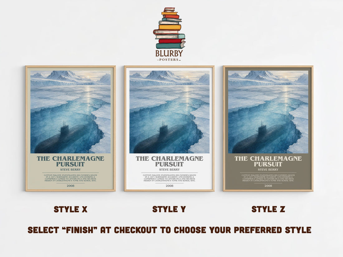 The Charlemagne Pursuit bookish print in frame leaning in hallway – thriller wall art (mockup)