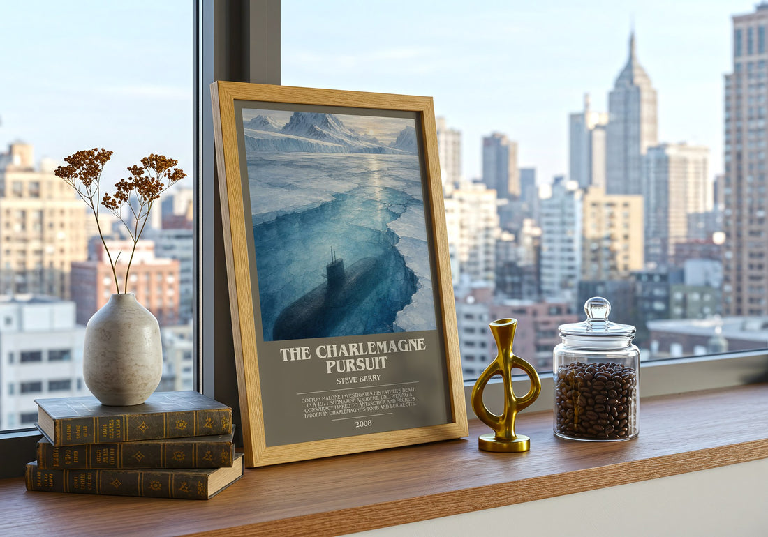 The Charlemagne Pursuit bookish print framed by window – literary home decor