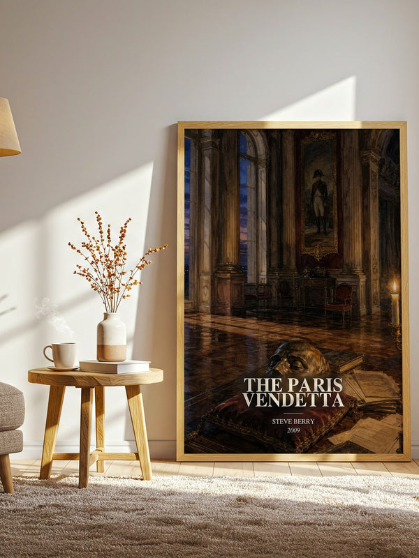 The Paris Vendetta watercolour print in frame leaning in hallway – thriller wall art