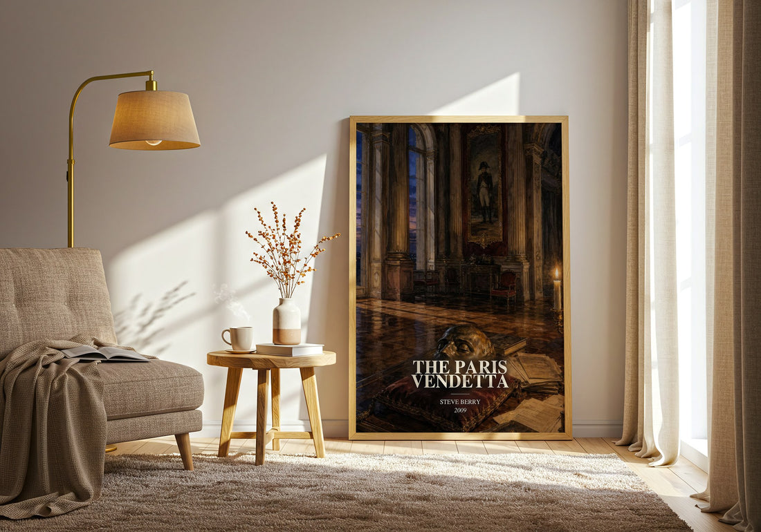 The Paris Vendetta watercolour print in frame leaning in hallway – thriller wall art (mockup)