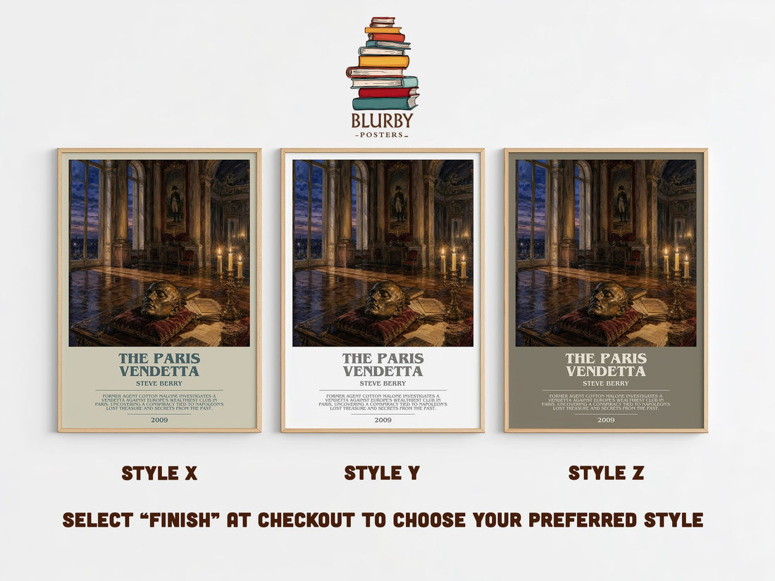The Paris Vendetta bookish print in frame leaning in hallway – thriller wall art (mockup)