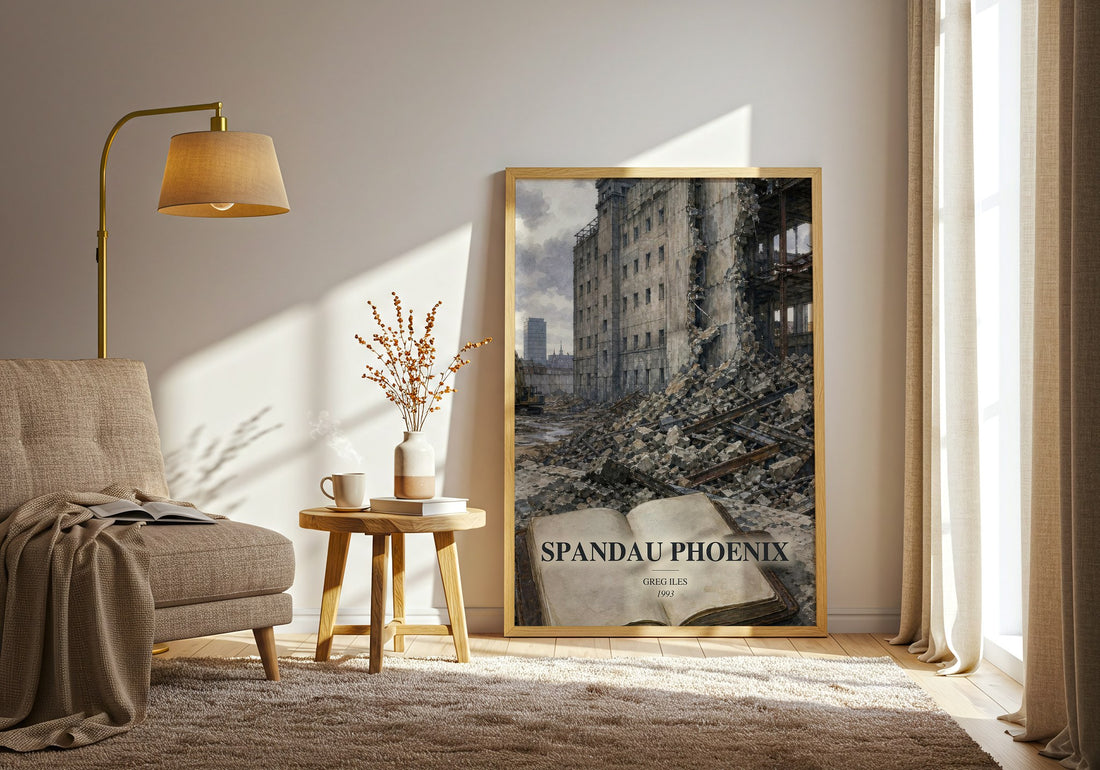 Spandau Phoenix watercolour print in frame leaning in hallway – thriller wall art (mockup)