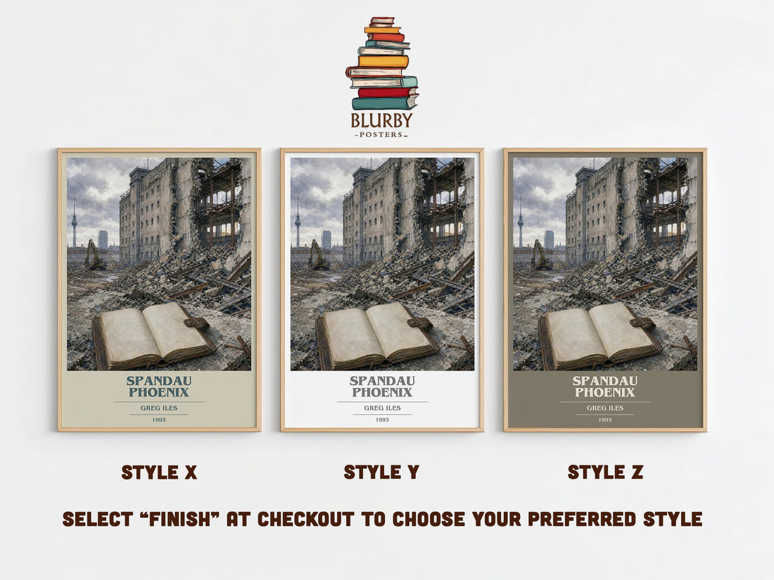 Spandau Phoenix book cover print in frame leaning in hallway – thriller wall art (mockup)