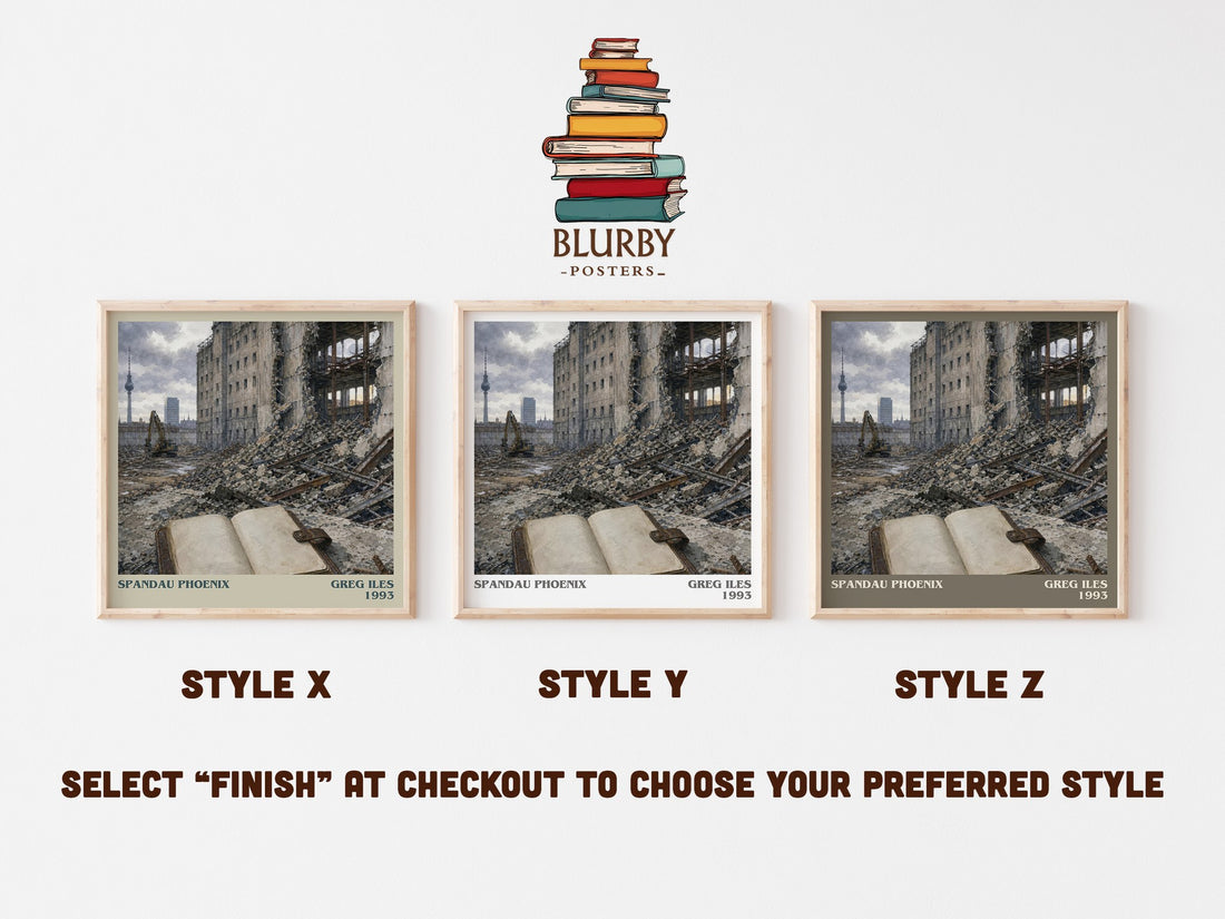 Spandau Phoenix literary print in frame leaning in hallway – thriller wall art (mockup)