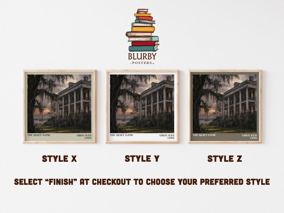 The Quiet Game literary print in frame leaning in hallway – legal thriller wall art (mockup)