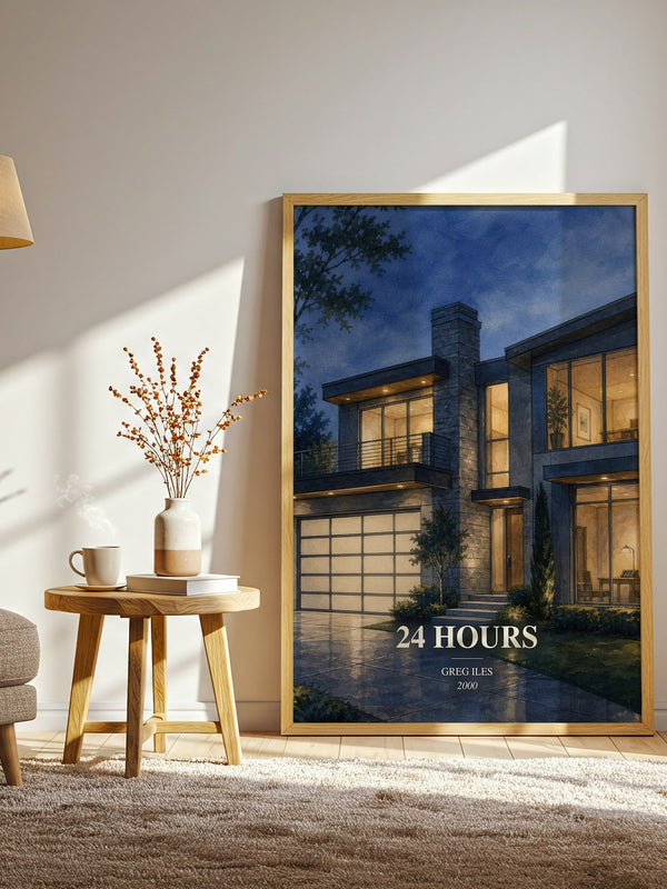 24 Hours watercolour print in frame leaning in hallway – thriller wall art
