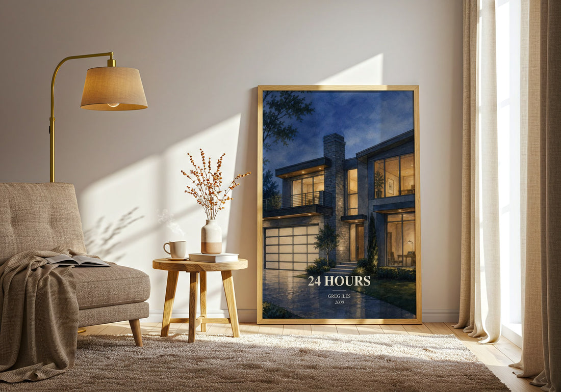 24 Hours watercolour print in frame leaning in hallway – thriller wall art (mockup)
