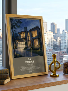 24 Hours Bookish Wall Art by Greg Iles – framed print on a city-view windowsill