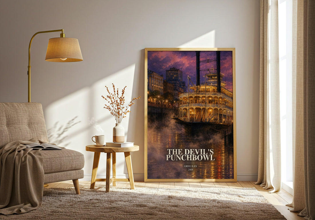 The Devil's Punchbowl watercolour print in frame leaning in hallway – legal thriller wall art (mockup)
