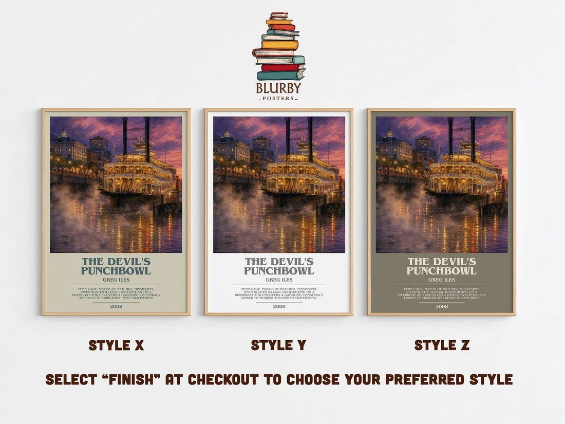 The Devil's Punchbowl bookish print in frame leaning in hallway – legal thriller wall art (mockup)