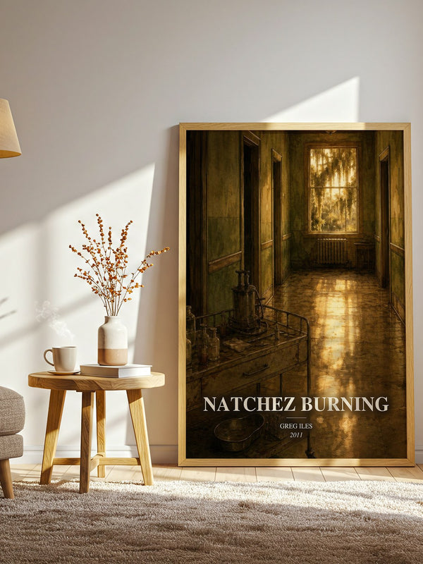 Natchez Burning watercolour print in frame leaning in hallway – legal thriller wall art