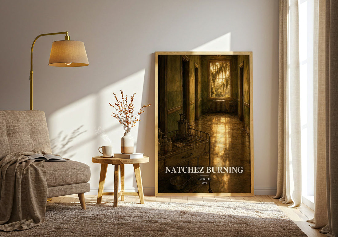 Natchez Burning watercolour print in frame leaning in hallway – legal thriller wall art (mockup)
