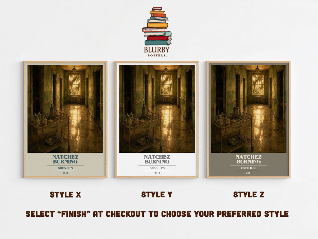 Natchez Burning book cover print in frame leaning in hallway – legal thriller wall art (mockup)