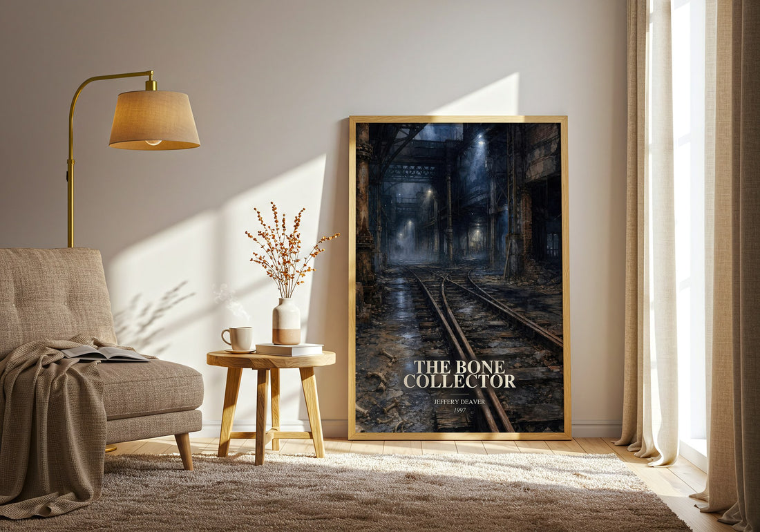 The Bone Collector watercolour print in frame leaning in hallway – thriller wall art (mockup)