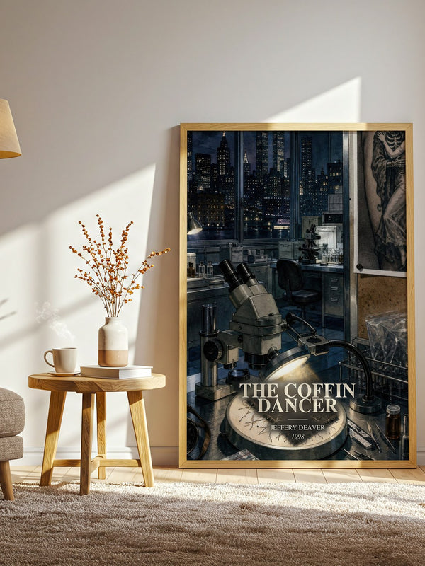 The Coffin Dancer watercolour print in frame leaning in hallway – thriller wall art