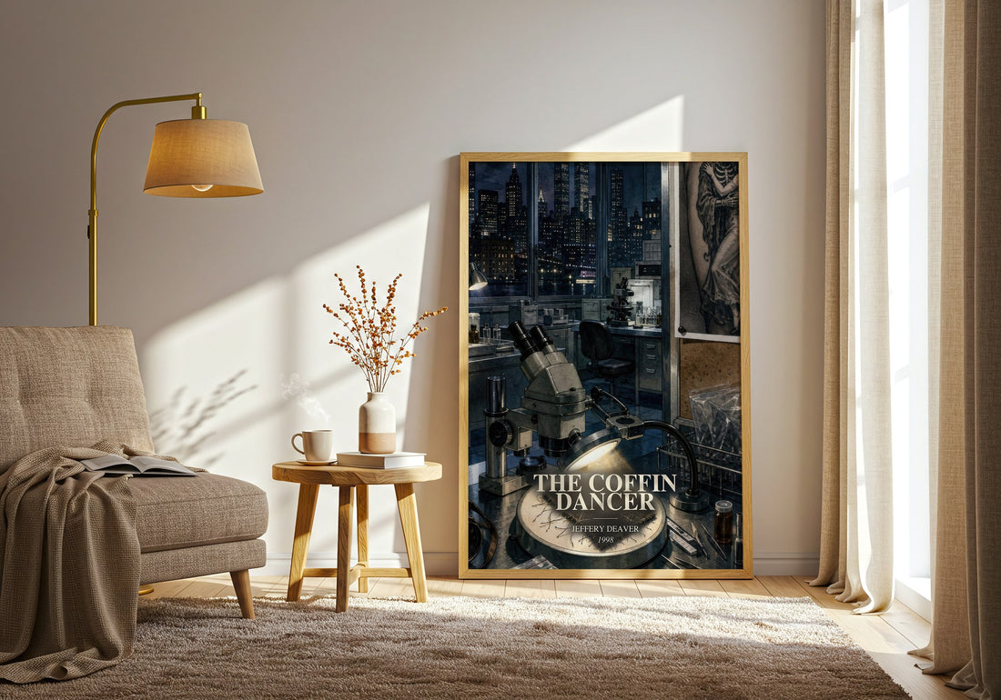 The Coffin Dancer watercolour print in frame leaning in hallway – thriller wall art (mockup)