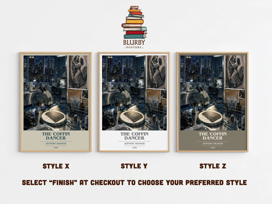 The Coffin Dancer book cover print in frame leaning in hallway – thriller wall art (mockup)