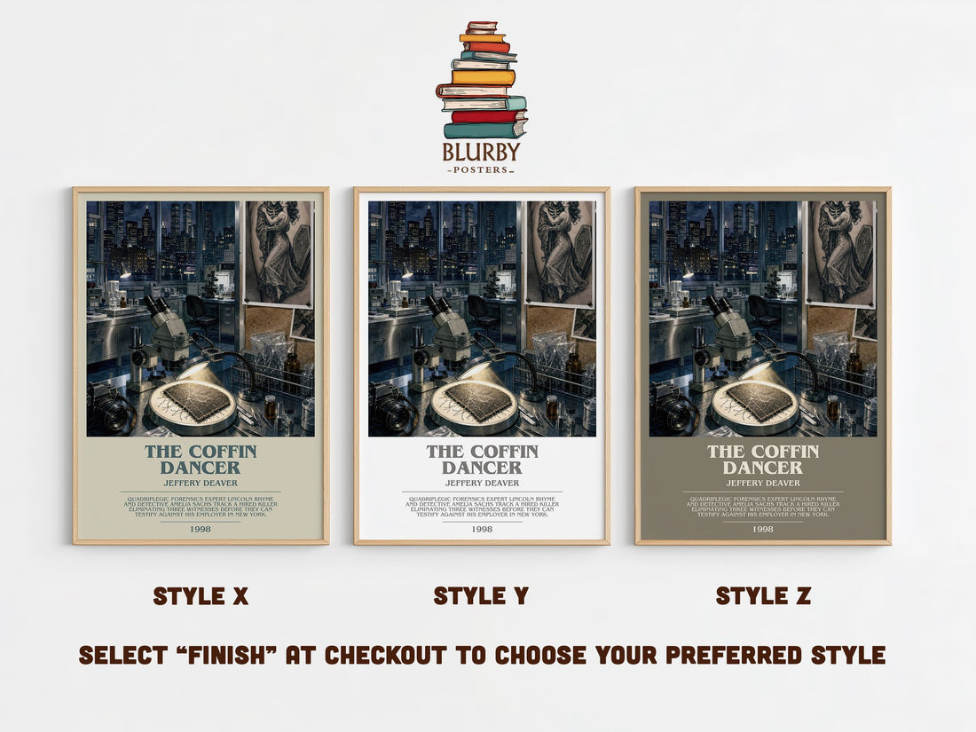 The Coffin Dancer bookish print in frame leaning in hallway – thriller wall art (mockup)