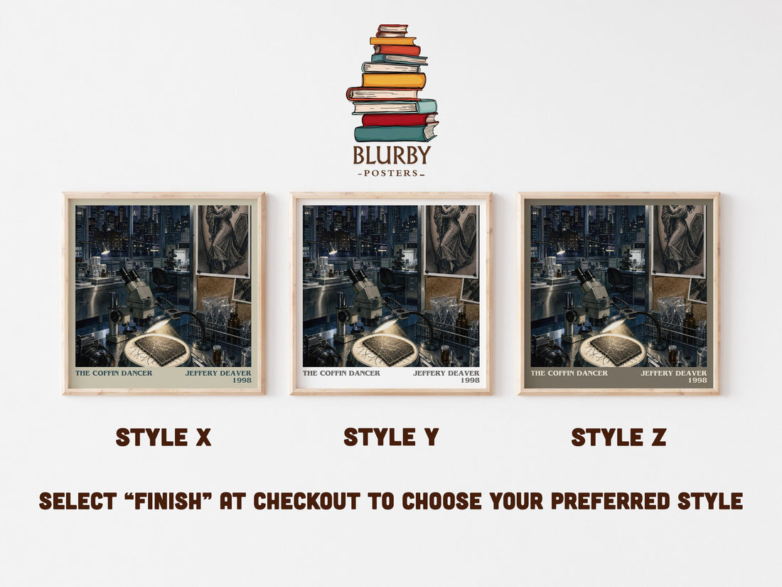 The Coffin Dancer literary print in frame leaning in hallway – thriller wall art (mockup)