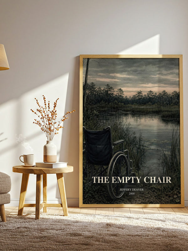 The Empty Chair watercolour print in frame leaning in hallway – crime wall art