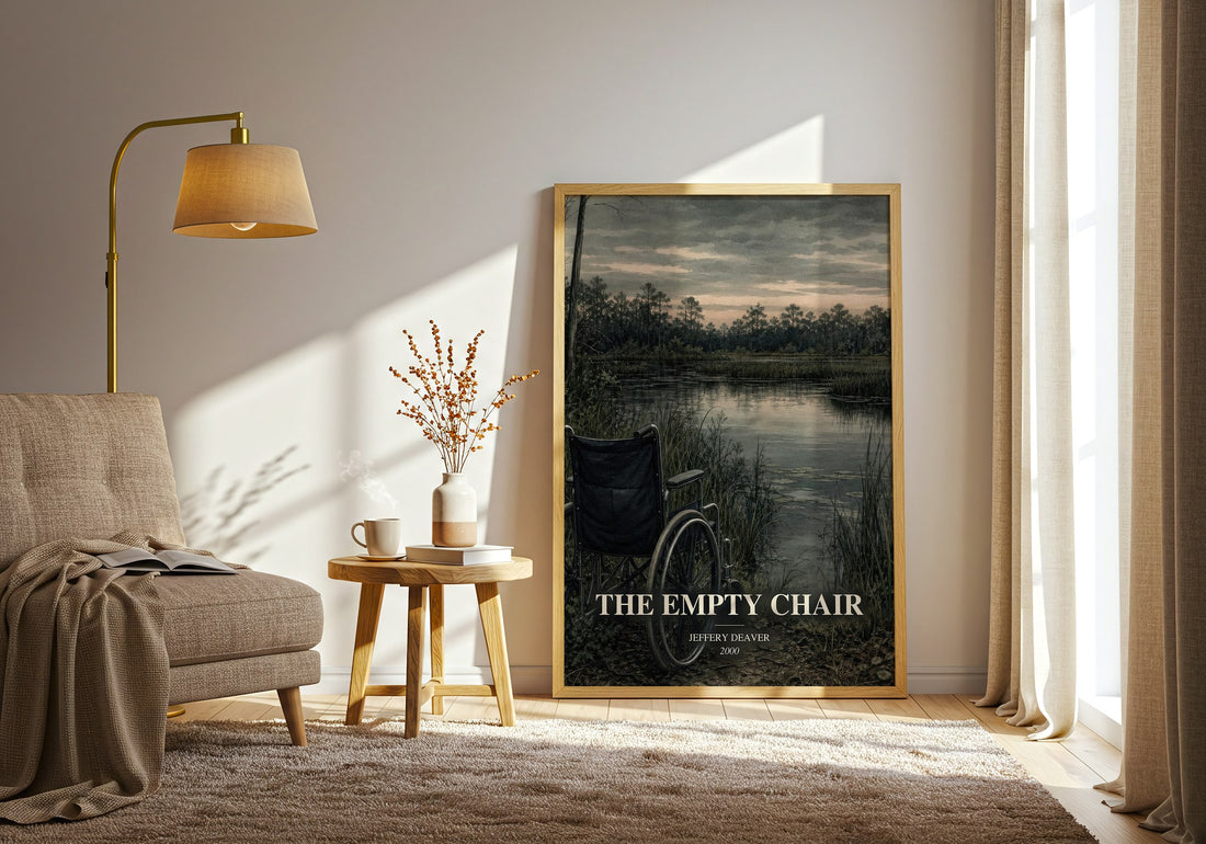 The Empty Chair watercolour print in frame leaning in hallway – crime wall art (mockup)