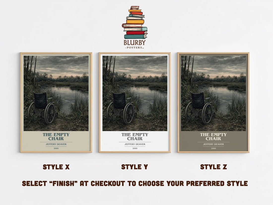 The Empty Chair book cover print in frame leaning in hallway – crime wall art (mockup)