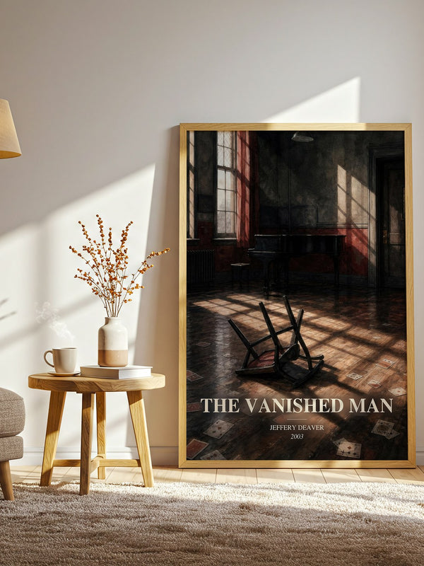 The Vanished Man watercolour print in frame leaning in hallway – thriller wall art