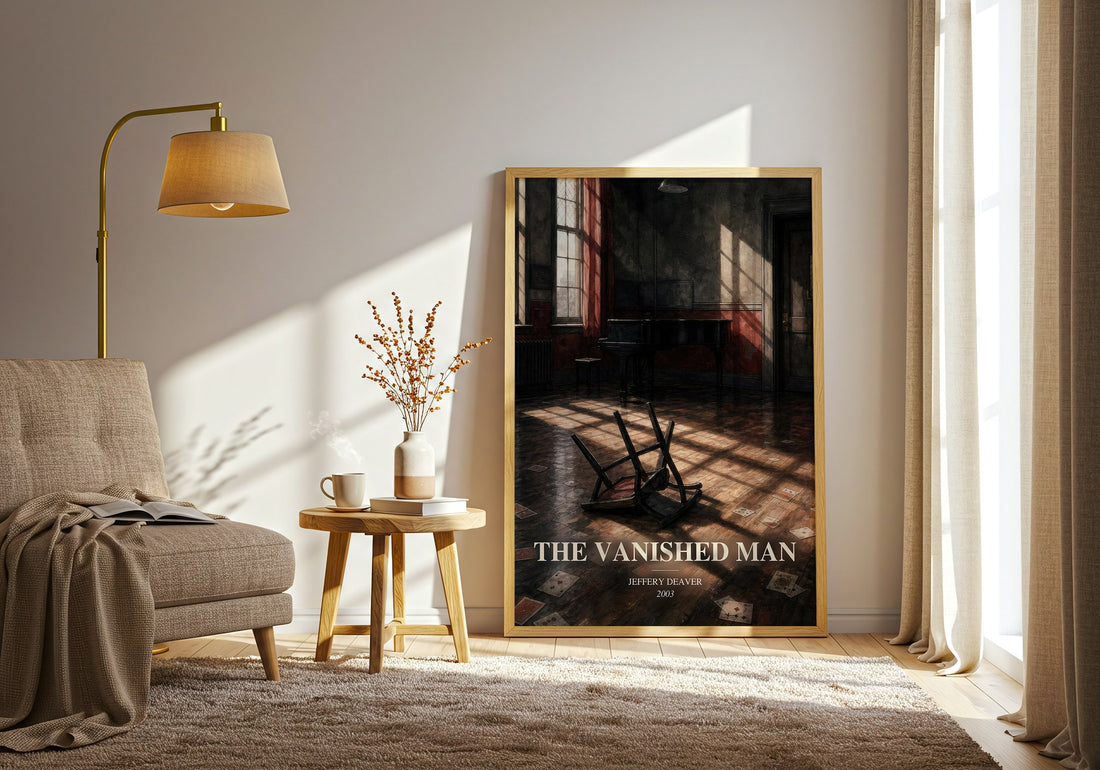 The Vanished Man watercolour print in frame leaning in hallway – thriller wall art (mockup)