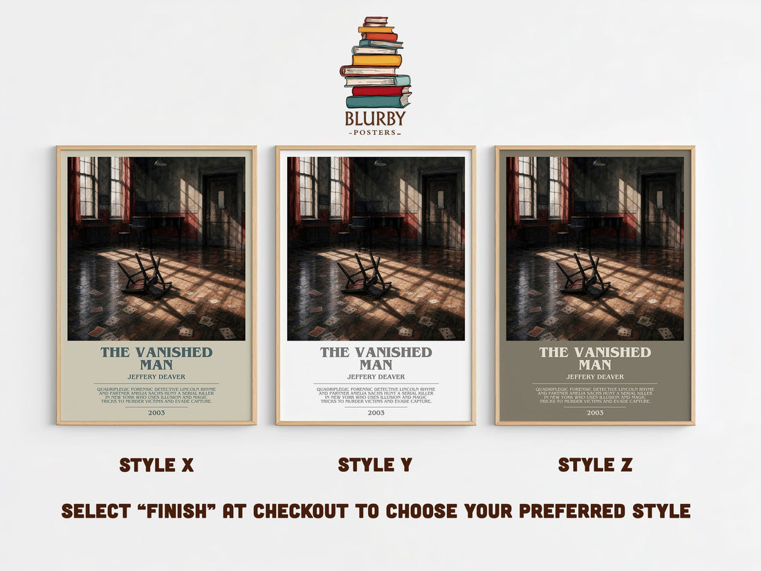 The Vanished Man bookish print in frame leaning in hallway – thriller wall art (mockup)