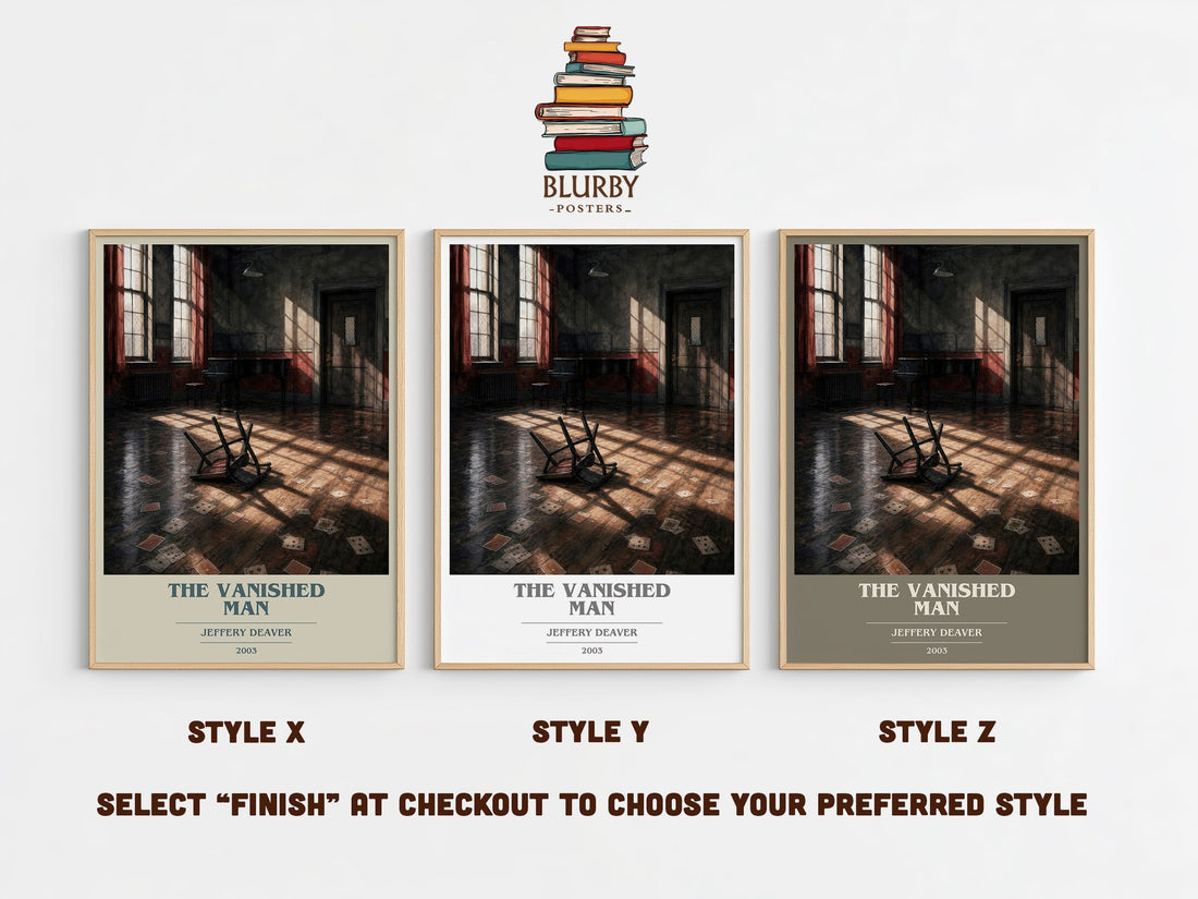 The Vanished Man book cover print in frame leaning in hallway – thriller wall art (mockup)
