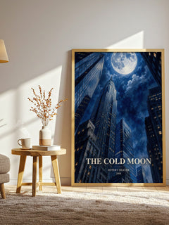 The Cold Moon watercolour print in frame leaning in hallway – thriller wall art
