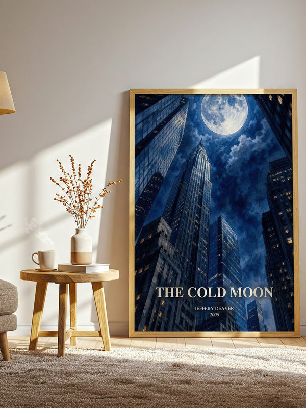 The Cold Moon watercolour print in frame leaning in hallway – thriller wall art