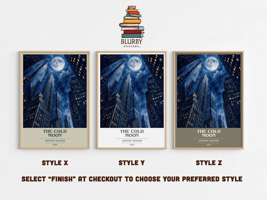 The Cold Moon book cover print in frame leaning in hallway – thriller wall art (mockup)