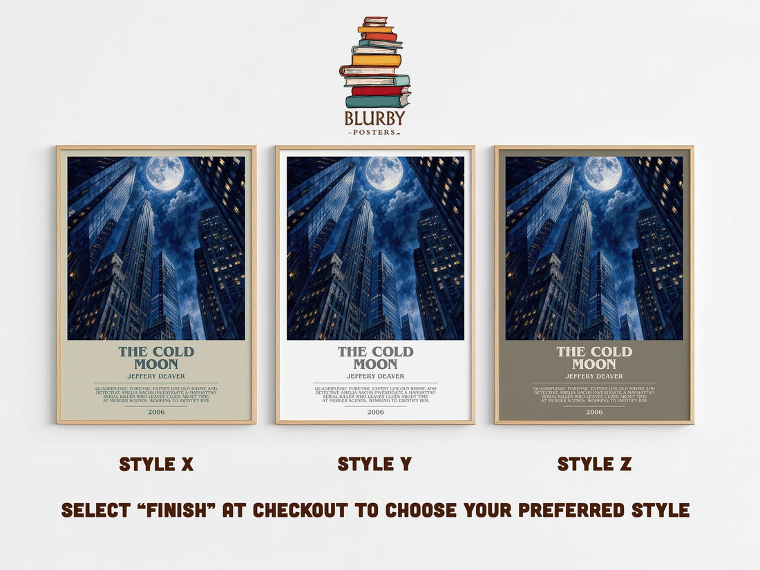 The Cold Moon bookish print in frame leaning in hallway – thriller wall art (mockup)