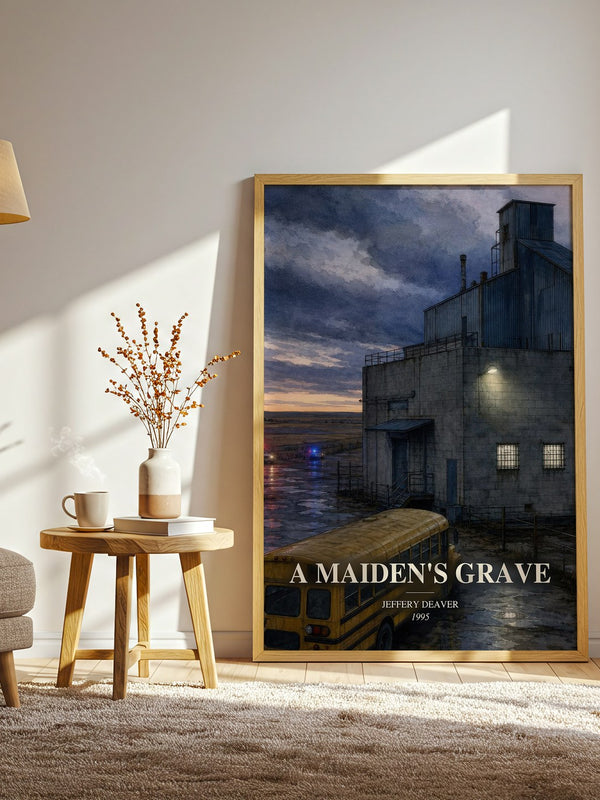 A Maiden's Grave watercolour print in frame leaning in hallway – thriller wall art