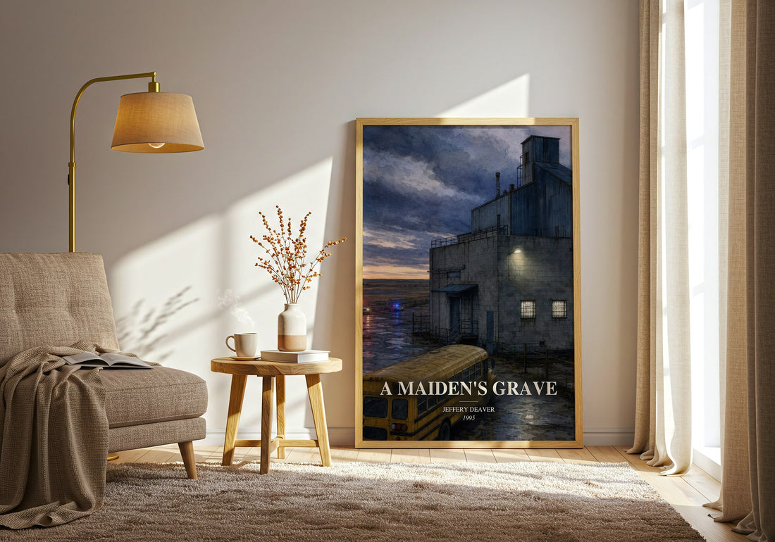 A Maiden's Grave watercolour print in frame leaning in hallway – thriller wall art (mockup)
