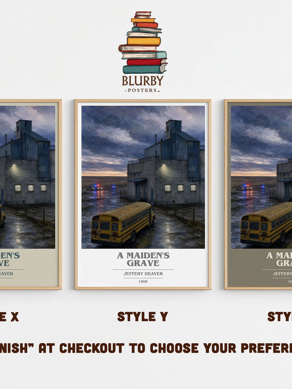 A Maiden's Grave book cover print in frame leaning in hallway – thriller wall art