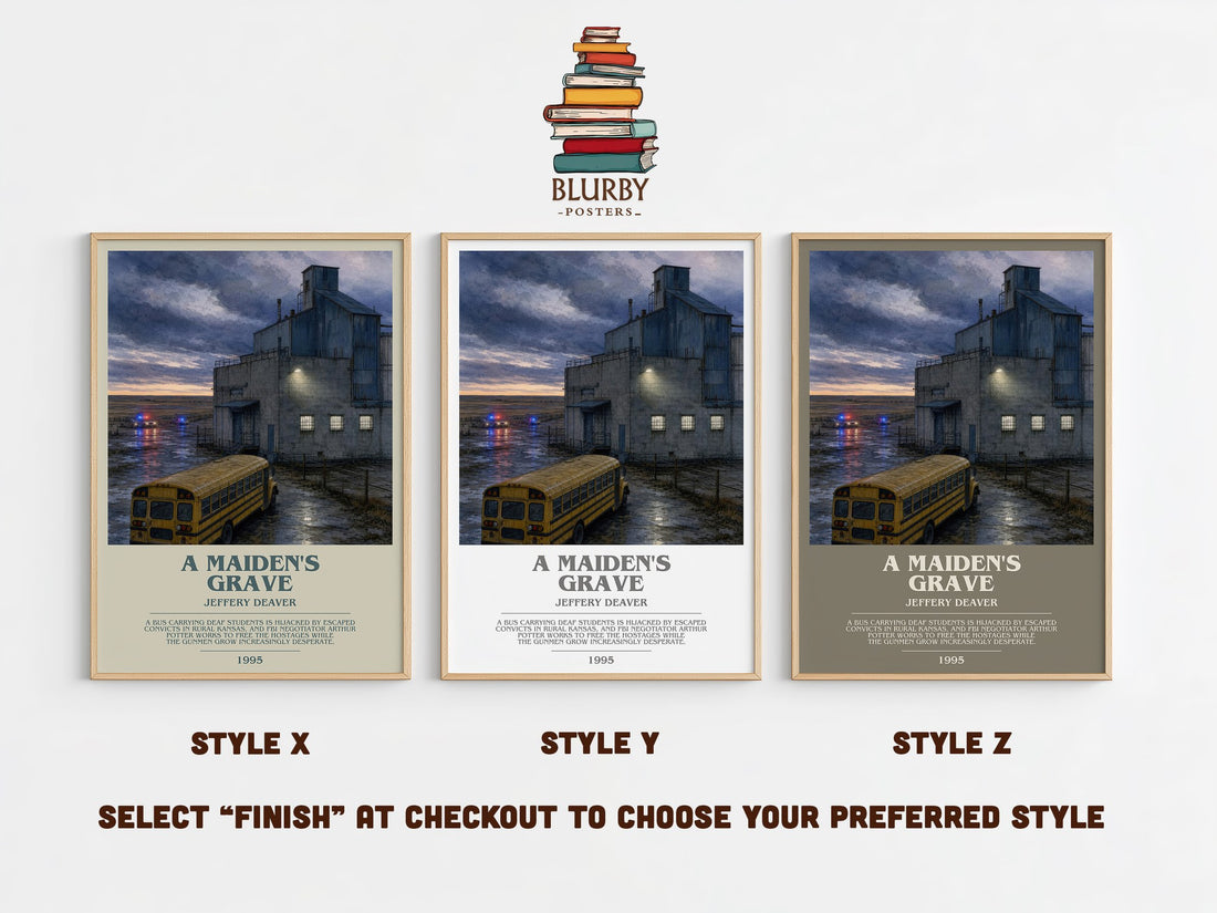 A Maiden's Grave bookish print in frame leaning in hallway – thriller wall art (mockup)