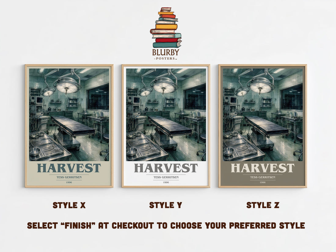 Harvest book cover print in frame leaning in hallway – thriller wall art (mockup)